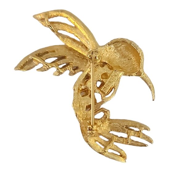 Napier Gold Tone Clear Rhinestone Hummingbird In Flight Brooch Pin, Signed M446 - Picture 2 of 5